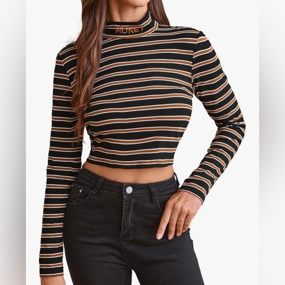 Amazon Tops - Taylor swift inspired Striped Black and Tan Long Sleeve Crop Top “Honey” size L